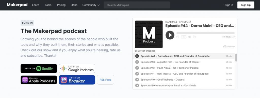 Landing Page of the Makerpad No Code Podcast Website