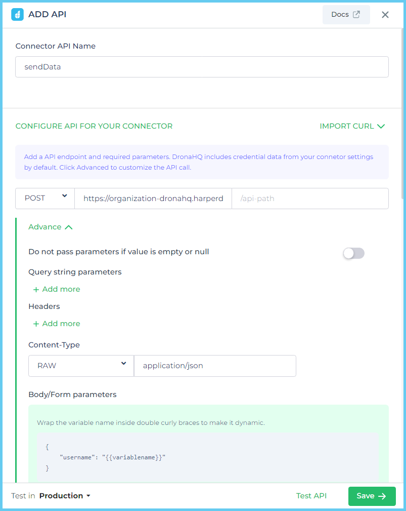 configure API for connector 